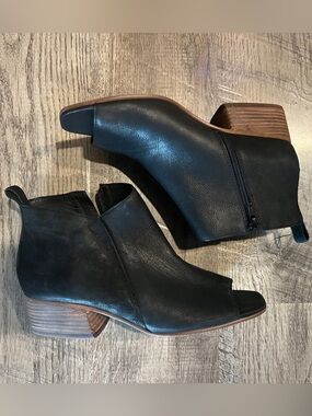 Corso Como Black Leather Open-Toe Ankle Booties with Stacked Wood Heel